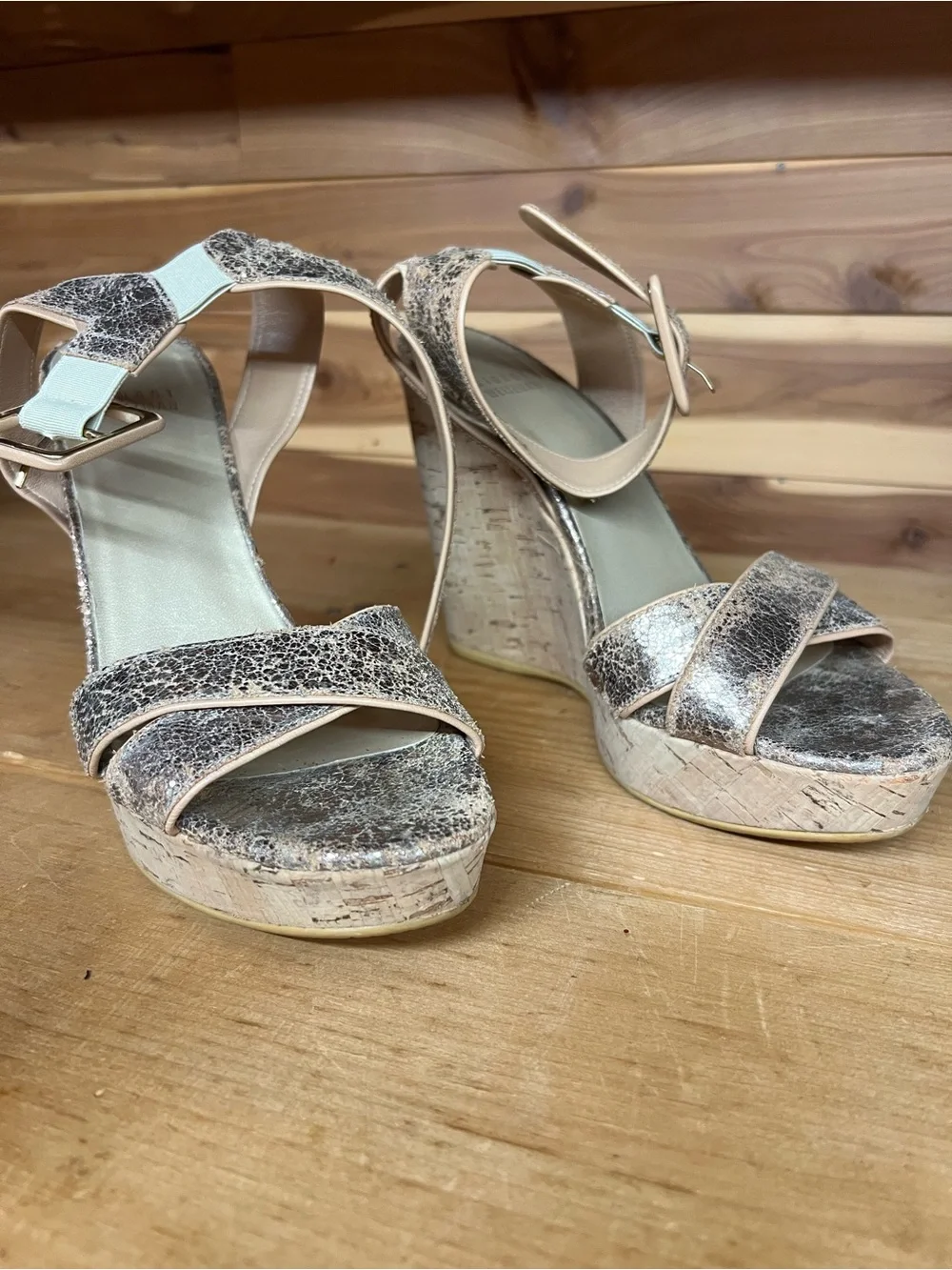 Stuart Weitzman Metallic Silver Crackle Platform Wedge Sandals - Picture 3 of 6